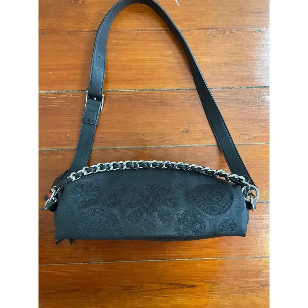 Desigual Black Embossed Mandala Chain Crossbody Shoulder Bag Tassel Boho